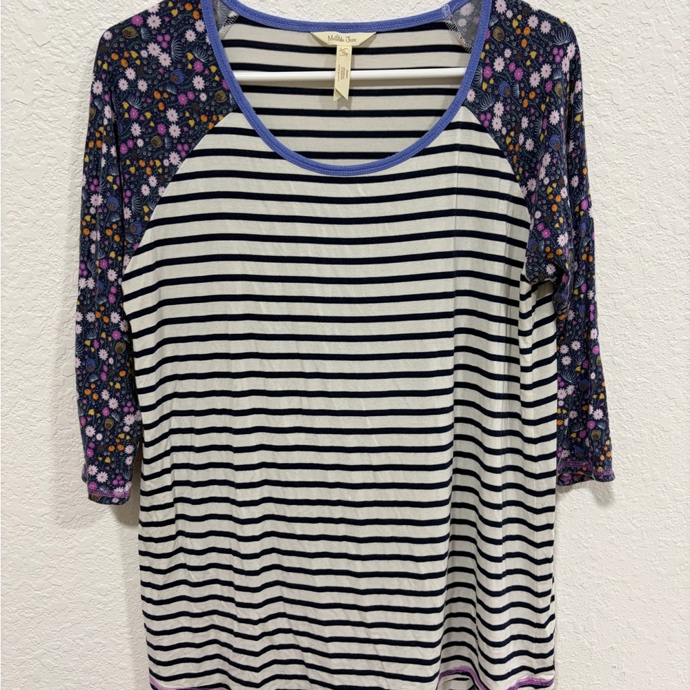 Matilda Jane Black and White Striped Top with Floral Sleeves